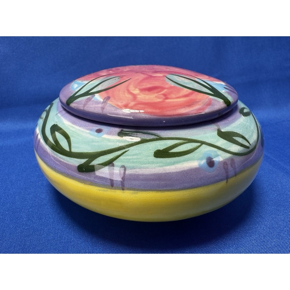 Hand Painted Studio Pottery Trinket Box – Lid Colorful Floral Design